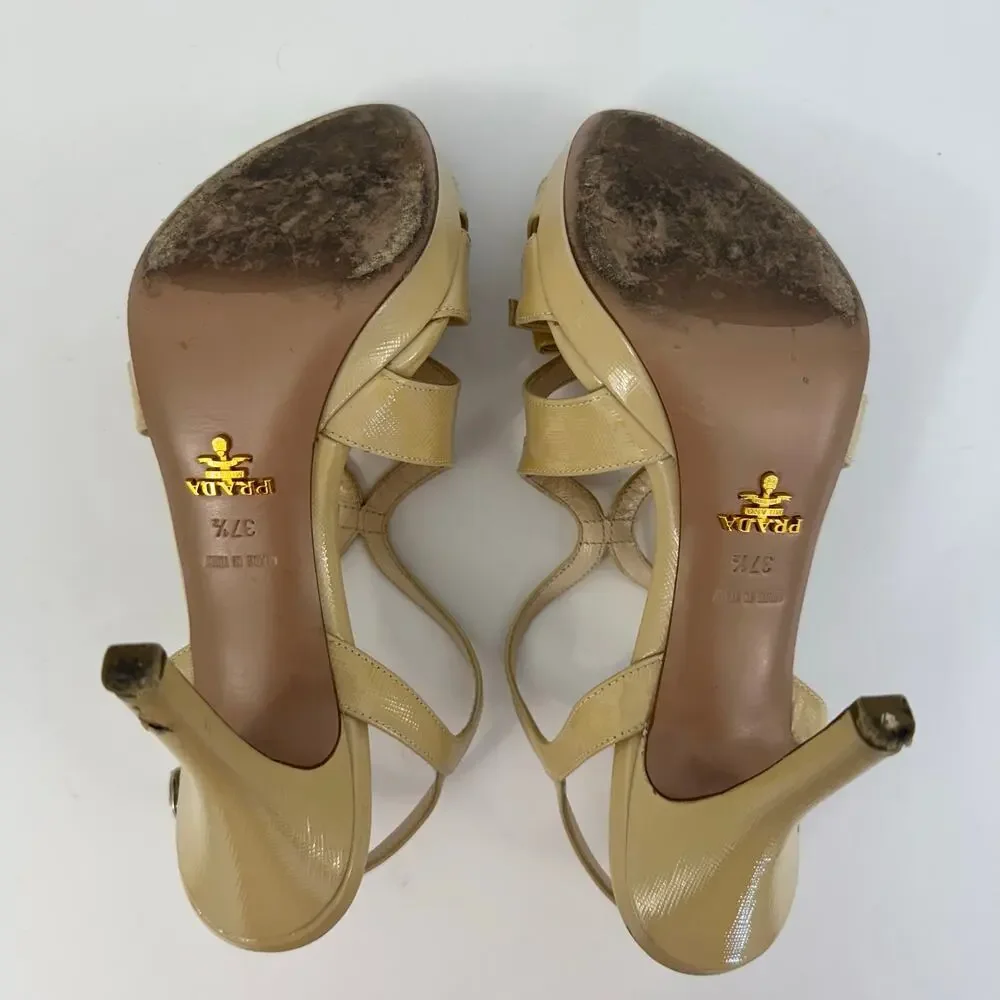 Prada Patent Leather Bow Accents Strappy Sandals Shoes Nude Tan | 37.5 (US 7.5)